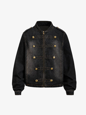 Cropped Military Jeansjacke mit Druckknopf-Riemen – Washed Schwarz, Vorderseite | XoKool