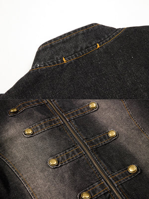Military Jeansjacke – Washed Schwarz, Schulter und Druckknopf-Laschen, Nahaufnahme | XoKool