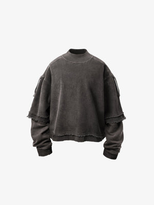 Cropped Mock Neck Sweatshirt with Layered Sleeves – Brown-grey, front view | XoKool