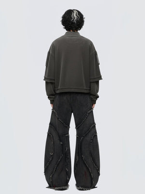 Cropped Mock Neck Sweatshirt with Layered Sleeves – on model, back | XoKool