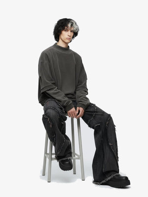 Cropped Mock Neck Sweatshirt with Layered Sleeves – on model, sitting | XoKool