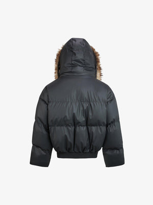 Cropped fur hood puffer – Black, back view | XoKool