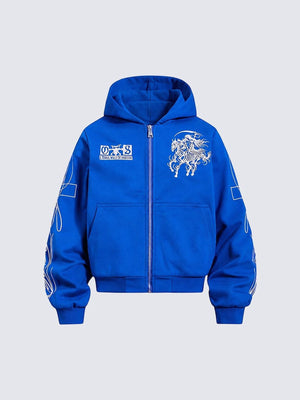 Cropped Skeleton Rider Zip Hoodie – Königsblau, Vorderansicht | XoKool