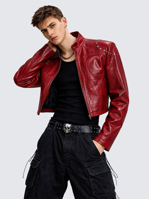 Studded racer jacket – Red, on model, front | XoKool