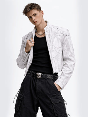 Cropped Studded Faux Leather Racer Jacket – White, on model, front | XoKool