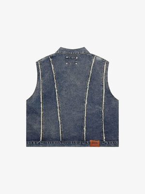 Cropped Jeansweste im Washed-Look mit Fransennähten – Blau, Rückansicht | XoKool