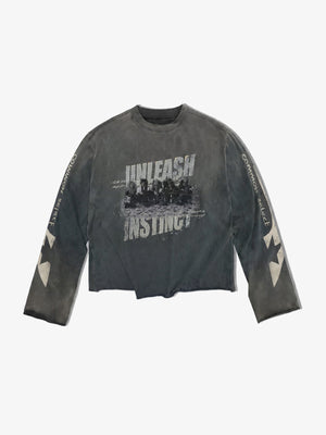 Cropped Washed Longsleeve mit Graphic Print – Anthrazit, Vorderseite flach | XoKool
