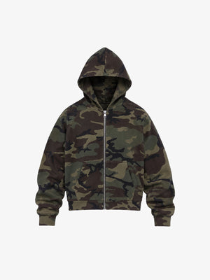 Cropped Zip Hoodie in Woodland Camo – Camo, Vorderseite flach | XoKool