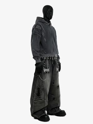 Cropped Zip Hoodie und Baggy Distressed Jeans im Set – am Model, Seitenansicht, komplettes Set | XoKool