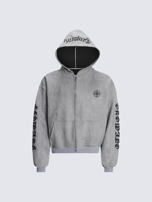 Cropped Zip Hoodie mit Gothic-Stickerei am Ärmel – Grau, vorne flach | XoKool