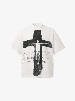 Cross T Shirt with Studded Neckline – White, front | XoKool