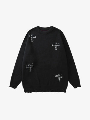 Suéter oversize con crucifijo gráfico y bajo deshilachado – Negro, lado con cruces pequeñas | XoKool