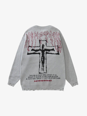 Suéter oversize con crucifijo gráfico y bajo deshilachado – Gris claro, lado con el crucifijo | XoKool