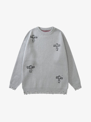 Suéter oversize con crucifijo gráfico y bajo deshilachado – Gris claro, lado con cruces pequeñas | XoKool