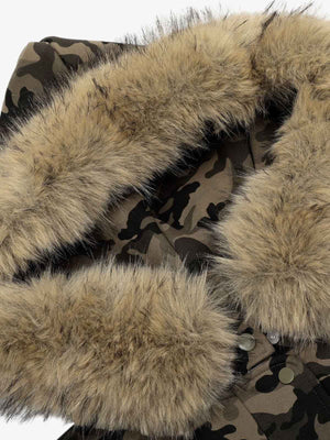 Camouflage Embroidery Patchwork Cardigan Fur Collar Hooded Sweatshirt - thumbnail 5