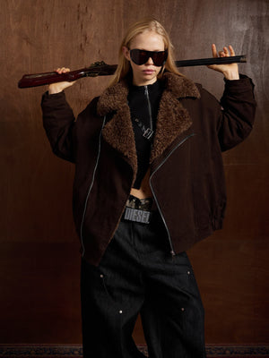 Street Punk Oblique Zipper Lambswool Collar Quilted Jacket - thumbnail 5