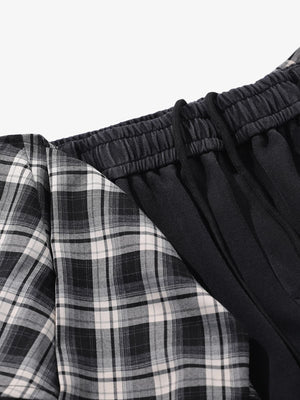 Retro Plaid Patchwork Tie-Belt Wide-Leg Barrel Pants - thumbnail 8