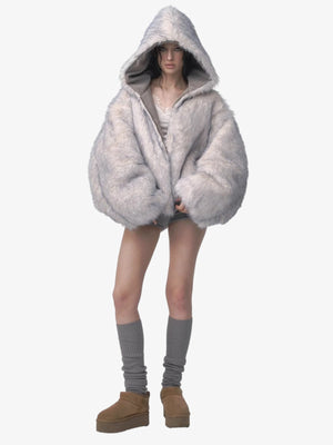 Oversized Reversible Fur Hooded Jacket - thumbnail 3