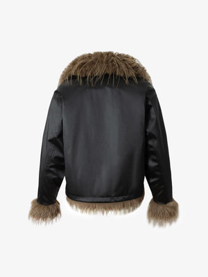 Retro Punk Rock Oversized Fur Collar Stitching Leather Cotton Jacket - thumbnail 2