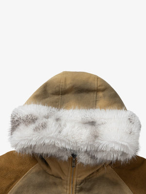 Street Vintage Fog-Dyed Fur Collar Patchwork Hooded Padded Jacket - thumbnail 15