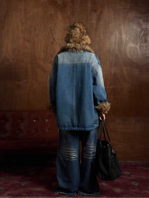 Street Retro Fur Patchwork Washed Denim Cotton Jacket - thumbnail 5