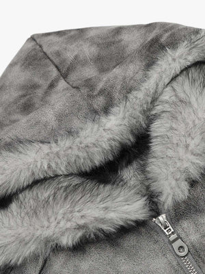 Faux Suede Vintage Wash Fur Hood Padded Jacket - thumbnail 9