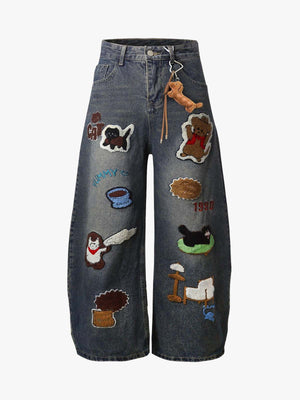 Cartoon Patch Barrel Jeans in Vintage Wash – Blue, front view | XoKool