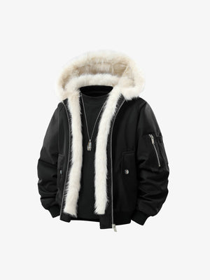 Retro Contrast Fur Collar Quilted Cotton Bomber Jacket - thumbnail 2