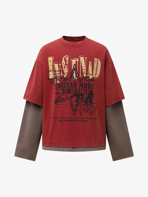 Street Color Matching Faux Two-Piece Printed T-Shirt - thumbnail 1