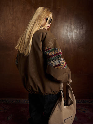 Vintage Leather and Sherpa Patchwork Webbing Cotton Jacket - thumbnail 4