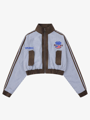 Retro Badge Embroidery Contrast Cropped Jacket - thumbnail 1