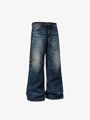 Dunkelblaue Baggy Jeans mit Whiskering – Vorderseite, flach | XoKool