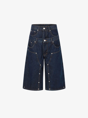 Dunkelblaue Jeansshorts mit doppeltem Bund – Dunkelblau, Vorderseite flach | XoKool