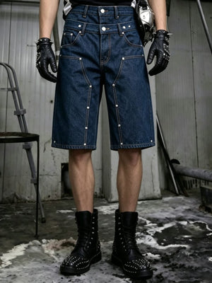 Dunkelblaue Jeansshorts mit doppeltem Bund – am Model, Vorderseite | XoKool