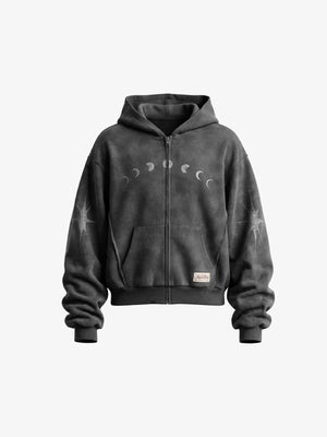 Dunkelgrauer Zip Hoodie mit Mondphasen-Print – Vorderansicht | XoKool