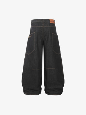 Jeans barrel índigo oscuro con costuras naranjas – vista trasera plana | XoKool