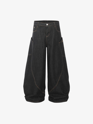 Dark Indigo Barrel Jeans with Orange Stitching – front flat | XoKool