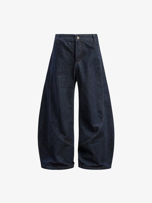 Jeans barrel índigo oscuro con costuras curvas – azul oscuro, vista frontal | XoKool