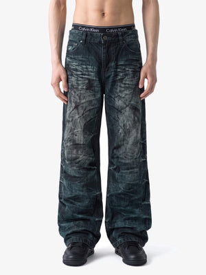 Dark Indigo Dirty Wash Wide Leg Jeans – on model, front | XoKool