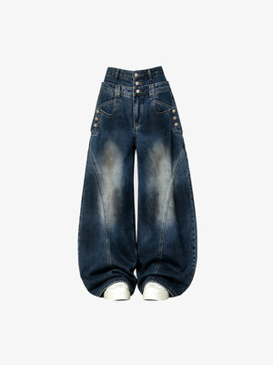 Barrel Jeans mit doppeltem Bund in Dunkelindigo – Dunkelindigo, Vorderseite flach | XoKool
