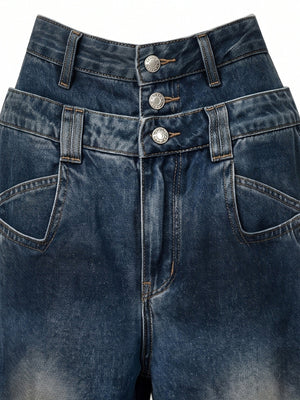 Barrel Jeans mit doppeltem Bund in Dunkelindigo – Nahaufnahme des doppelten Bunds | XoKool