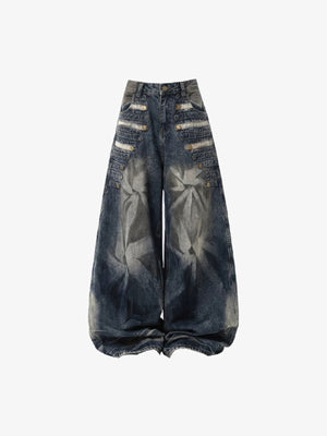 Dark Wash Baggy Jeans with Snap Button Tabs – Blue, front flat | XoKool