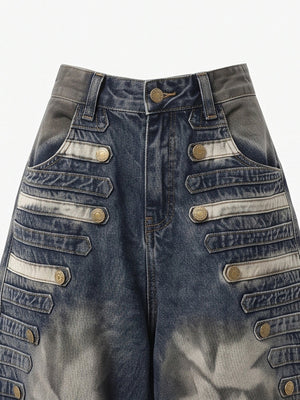 Dark Wash Baggy Jeans with Snap Button Tabs – front waist close-up | XoKool