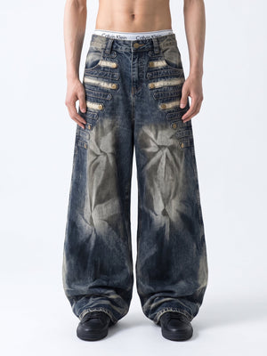 Dark Wash Baggy Jeans with Snap Button Tabs – on model, front | XoKool