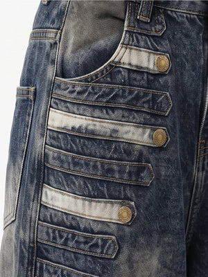 Dark wash baggy jeans – snap tabs close-up | XoKool