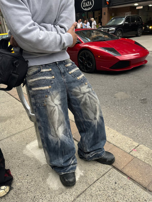 Dark Wash Baggy Jeans with Snap Button Tabs – street photo, on model | XoKool