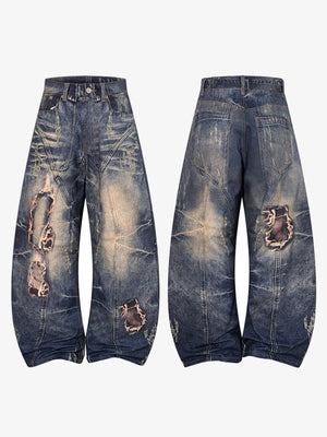 Barrel Jeans in dunkler Waschung mit reparierten Rissen – Vorder- und Rückseite flach | XoKool