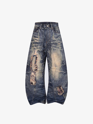 Barrel Jeans in dunkler Waschung mit reparierten Rissen – Vorderseite flach | XoKool