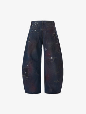Dark Wash Barrel Jeans with Rips and Red Tint – back flat lay | XoKool