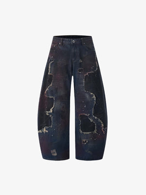 Dark Wash Barrel Jeans with Rips and Red Tint – front flat lay | XoKool